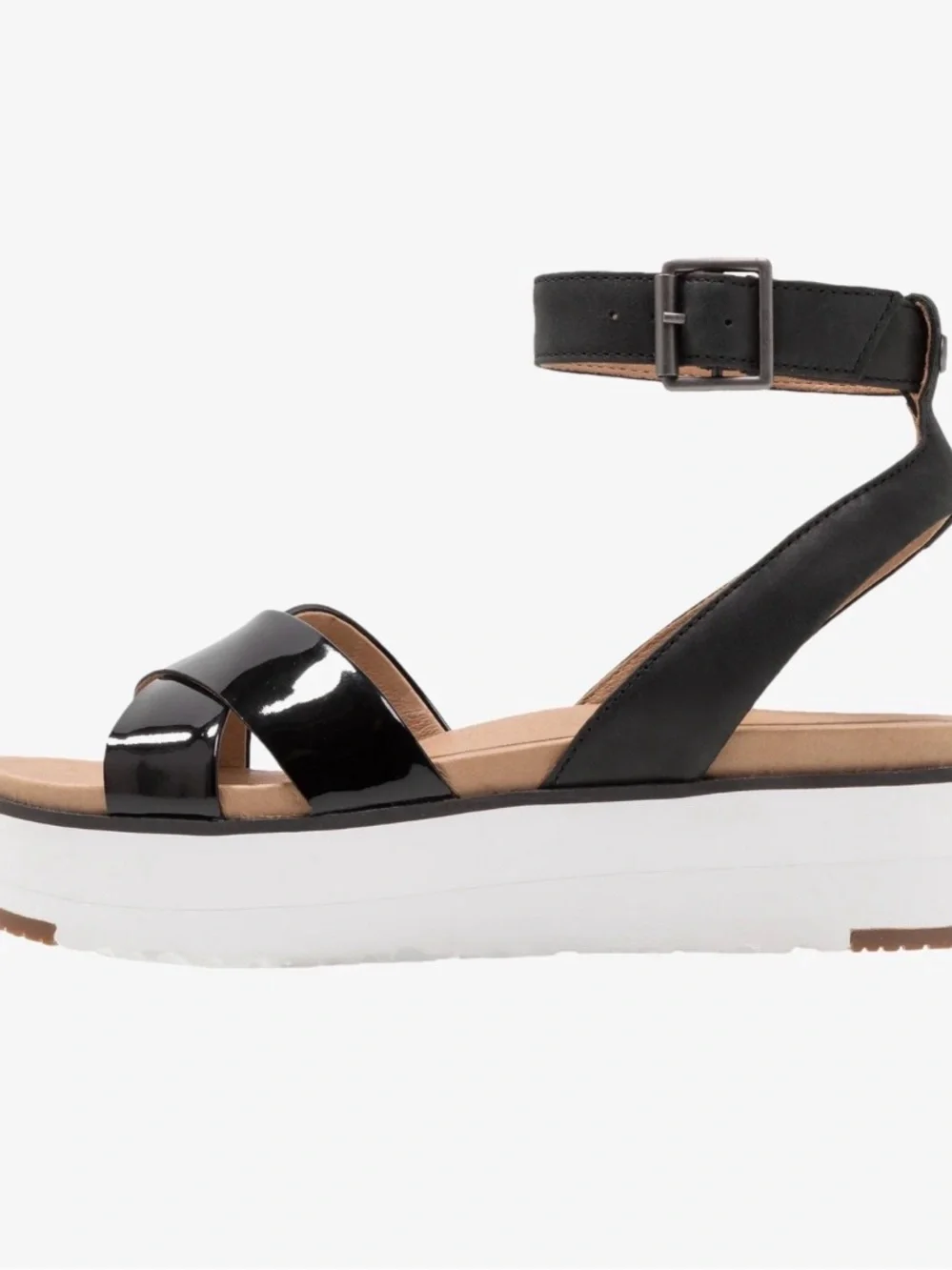 UGG Women’s Black Patent Crisscross Platform Sandals with White Sole